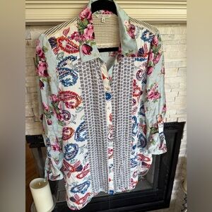 John Mark Top Mixed Floral Print Med Embroidered Tunic Multi Roses NWOT